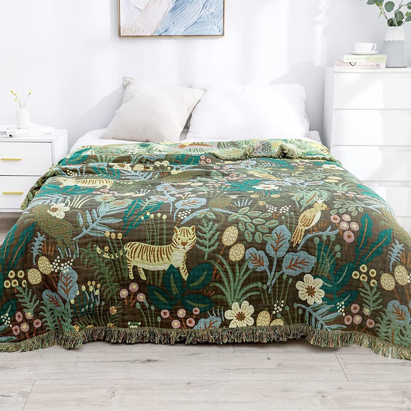 "Skoglivet" Boho Vevd Dobbeltsidig Pledd