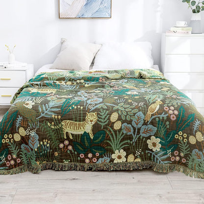 "Skoglivet" Boho Vevd Dobbeltsidig Pledd