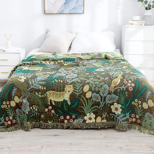 "Skoglivet" Boho Vevd Dobbeltsidig Pledd