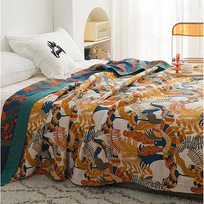 "Oransje blader" Boho Vevd Dobbeltsidig Pledd