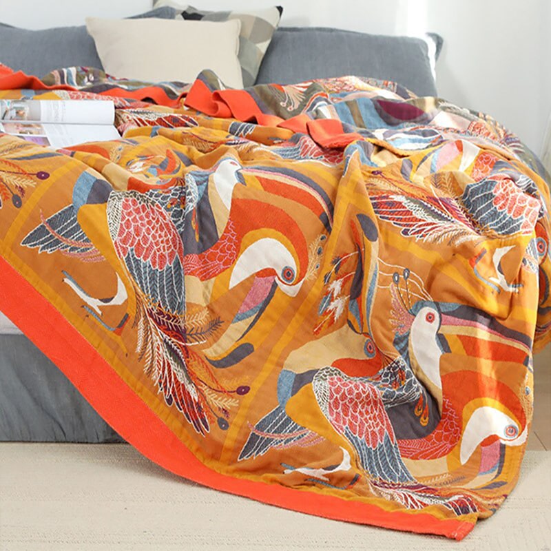 "Fugleverden" Boho Vevd Dobbeltsidig Pledd