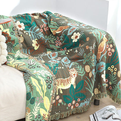 "Skoglivet" Boho Vevd Dobbeltsidig Pledd