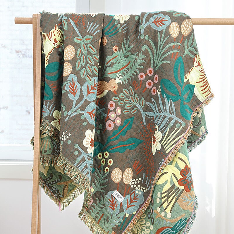 "Skoglivet" Boho Vevd Dobbeltsidig Pledd