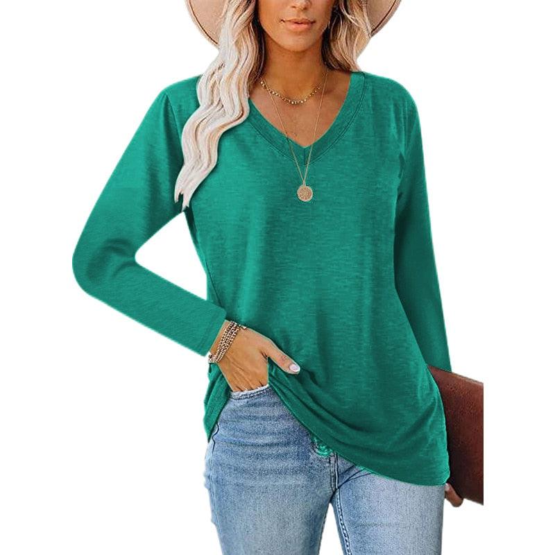 Løs langermet V-hals strikket topp for kvinner - Kosteppe