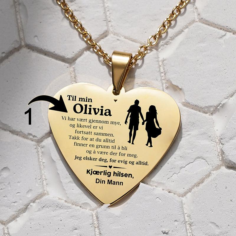 Lykken er nær - Hjerteanheng gravert fra mann til kone - Kosteppe